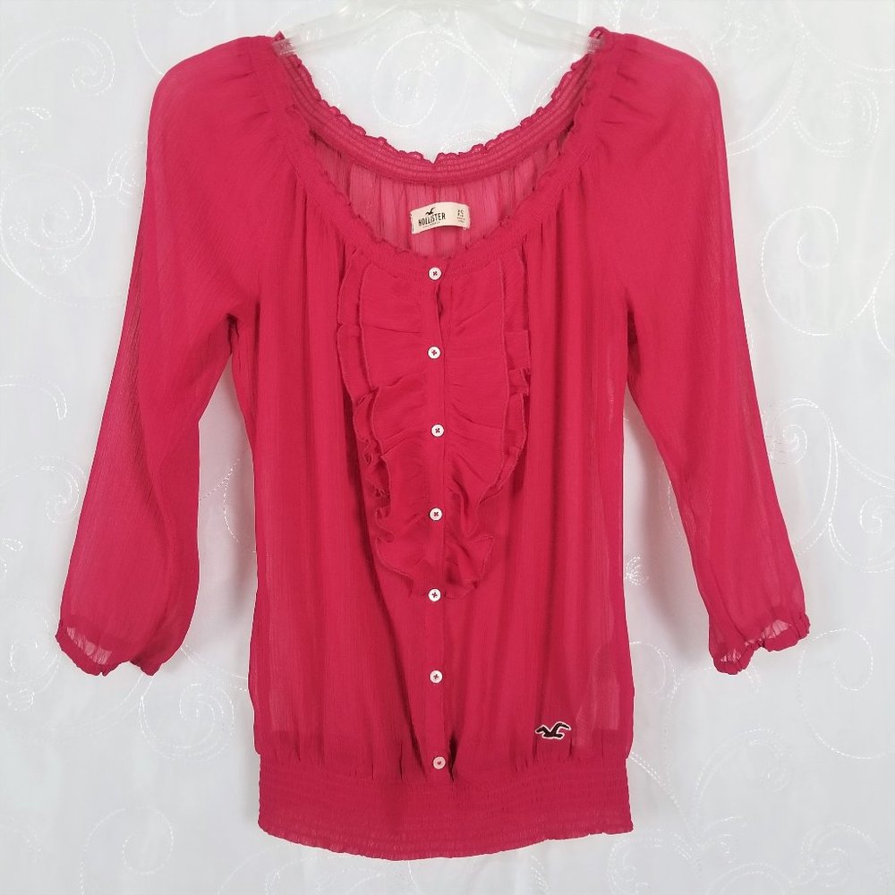 Hollister Sz XS Semi Sheer Top Fuchsia 3/4 Sleeve - Picture 1 of 7